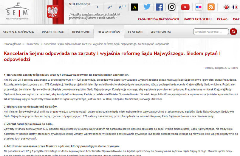 Publikacja na stronie internetowej Kancelarii Sejmu