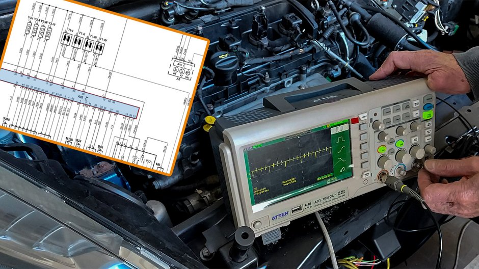 Oscyloskopem sprawdzamy sygnały sterujące wysyłane do cewek zapłonowych – i tu wszystko w porządku. Do wielu pomiarów niezbędna jest specyfikacja techniczna, taka jak schemat połączeń z komputera silnika czy przebieg sygnału sterującego na cewce.