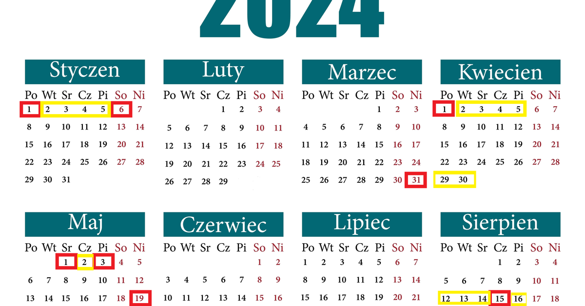 Dni wolne od pracy w 2024 roku [KALENDARZ — DŁUGIE WEEKENDY