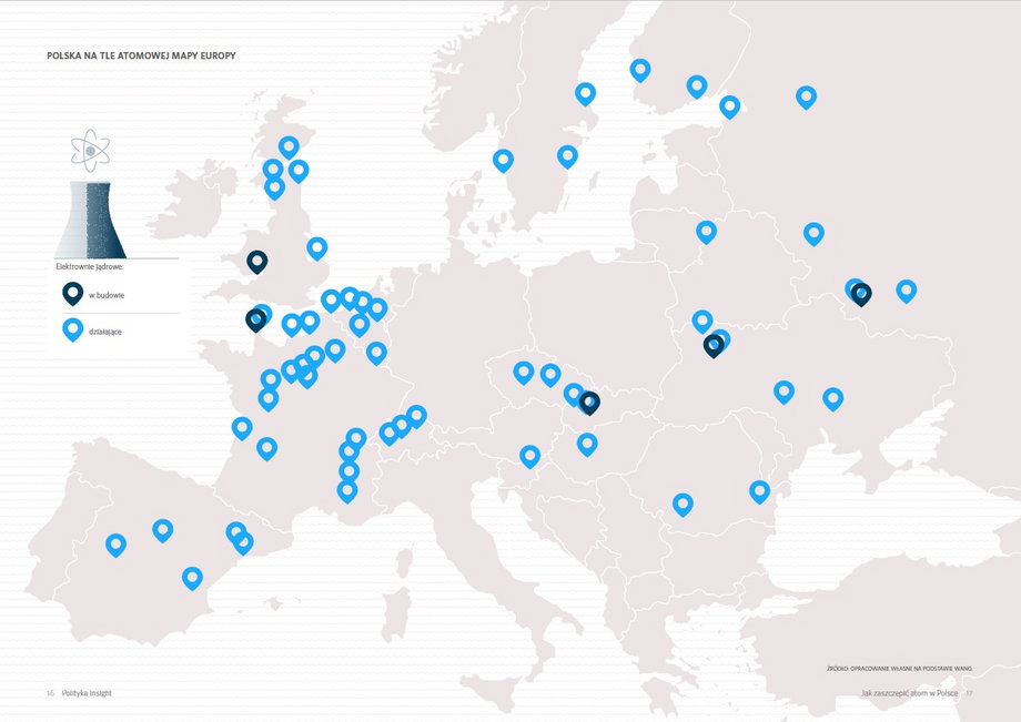 Istniejące i budowane elektrownie jądrowe w Europie.