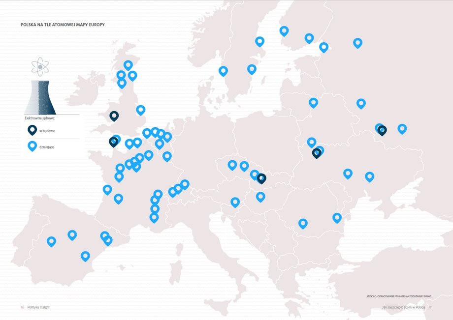 Istniejące i budowane elektrownie jądrowe w Europie.