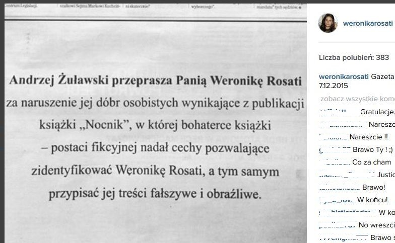 przeprosiny Andrzeja Żuławskiego / print screen z profilu Weroniki Rosati