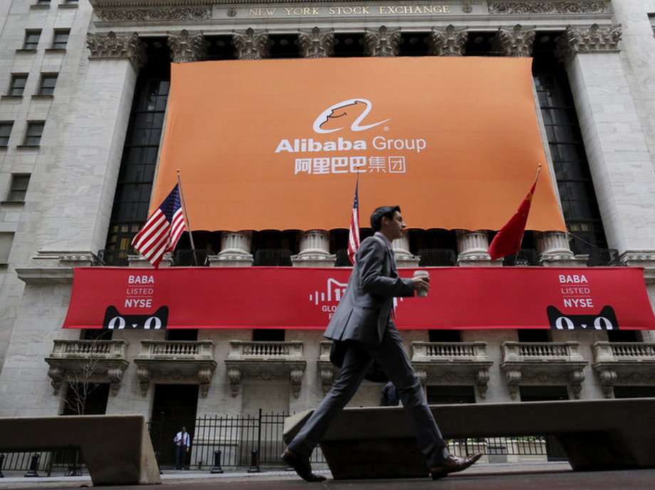 Signage for Alibaba Group Holding Ltd. covers the front facade of the New York Stock Exchange