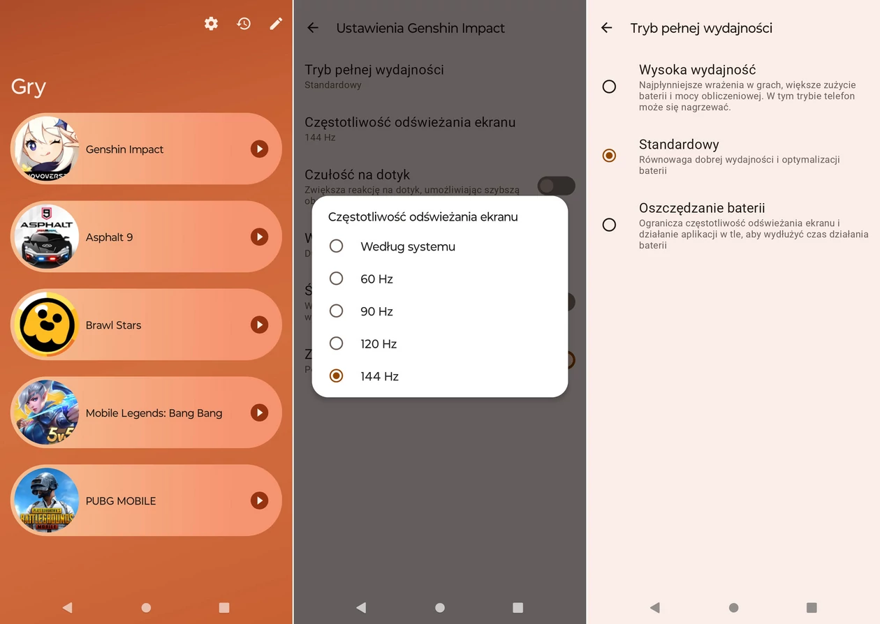 Ustawienia odświeżania obrazu oraz trybów wydajności dostępne w aplikacji Gry