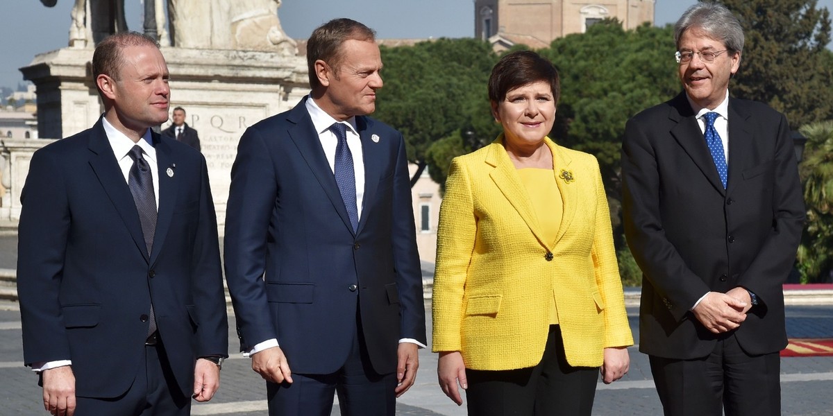 Szczyt UE w Rzymie. Od lewej: premier Malty Joseph Muscat, Donald Tusk, Beata Szydło i premier Włoch Paolo Gentiloni