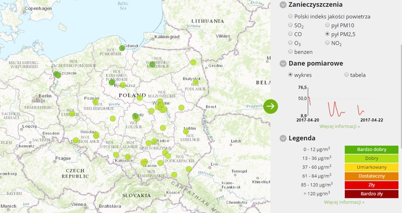 Stężenie pyłu PM2,5 – 22.04.2017 od godziny 2.00 do 3.00 