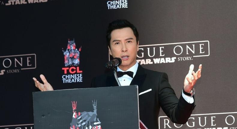 Martial arts actor Donnie gestures while speaking at his Hand and Foot prints ceremony in front of the TCL Chinese Theater on November 30, 2016 in Hollywood, California