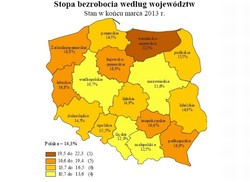 Bezrobocie w Polsce według województw - marzec 2013 (MAPA)