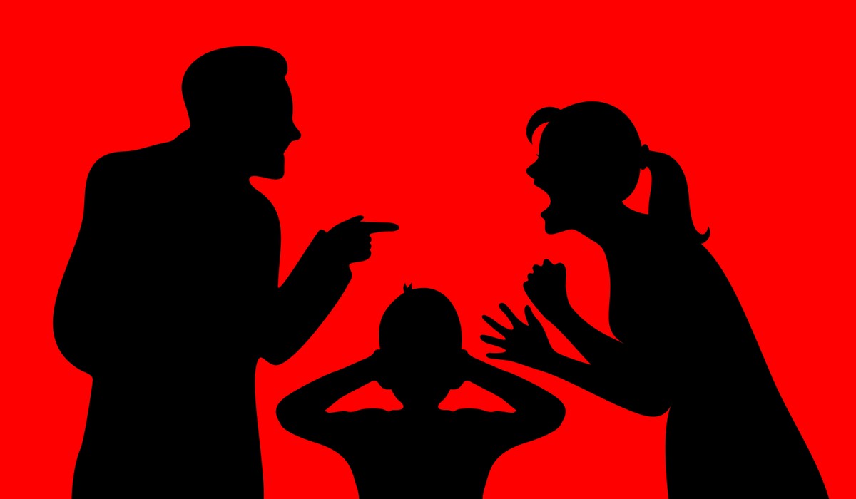 Parents fighting in front of a child, couple argument silhouette, childhood stigma, family disagreements concept.