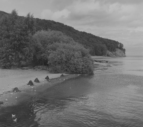 Gdynia Orłowo w 1971 r. Orłowo to nadmorska dzielnica o charakterze małego miasteczka, z urokliwymi domkami wzdłuż spokojnej plaży z molo i promenadą, nad którą górują porośnięte lasem klify