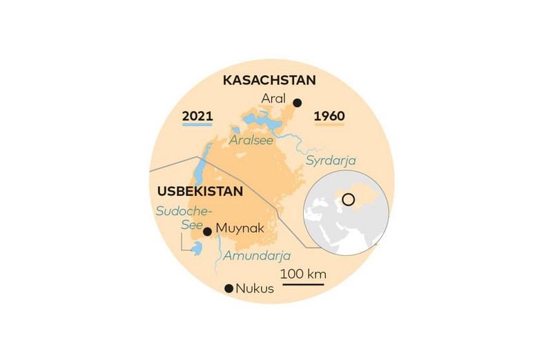 Mapa pokazuje dramatyczne kurczenie się Morza Aralskiego w ciągu ostatnich 60 lat