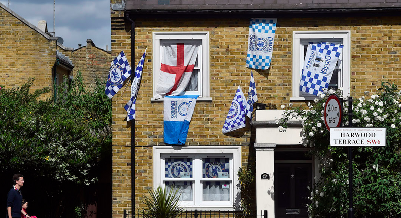 A house decorated with flags in Chelsea, London