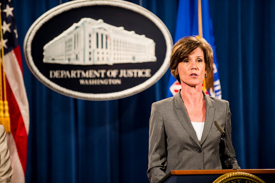 Sally Q. Yates, then the US deputy attorney general, speaks during a press conference at the Department of Justice on June 28, 2016 in Washington, DC.