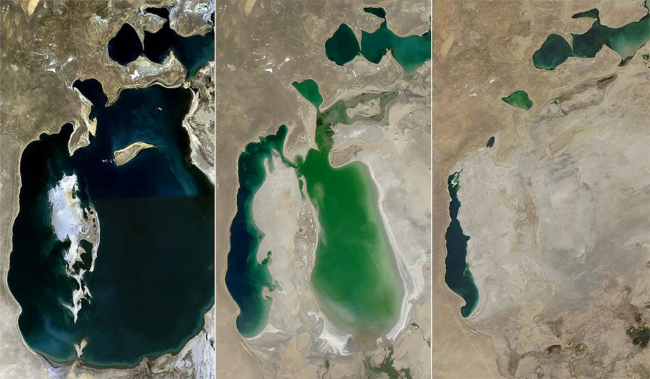Jezioro Aralskie w latach: 1989, 2003 i 2021. Fot. NASA, obróbka: Zafiroblue05
