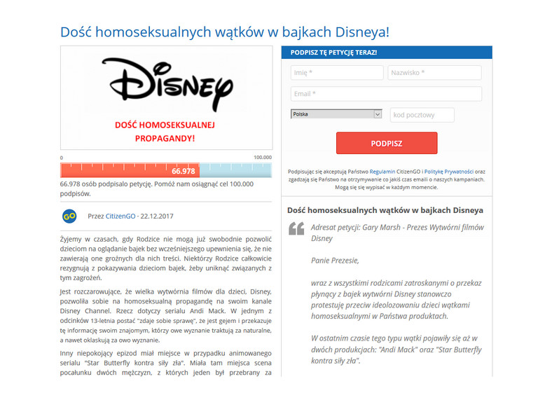 Powstała petycja  przeciwko homoseksualnym wątkom w produkcjach Disneya (screen)