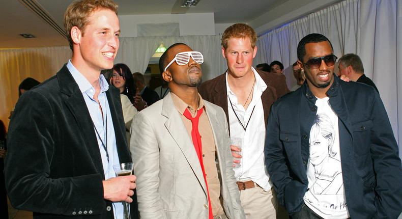 Prince William, Ye (formally Kanye West), Prince Harry, and Sean Diddy Combs at a 2007 charity concert dedicated to Princess Diana.CARL DE SOUZA / POOL / AFP via Getty Images