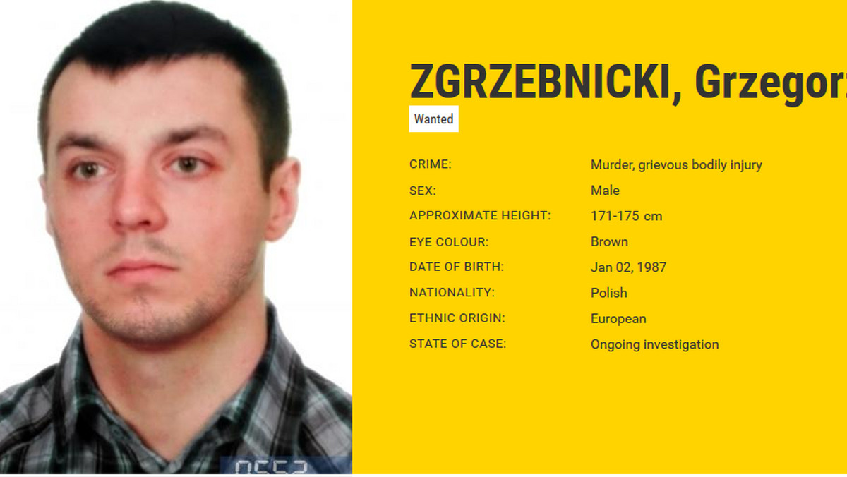 Europol opublikował dane oraz wizerunek 29-letniego Grzegorza Zgrzebnickiego poszukiwanego za zabójstwo mężczyzny. Do tragedii doszło w 2016 r. w Świebodzicach na Dolnym Śląsku. Policja apeluje o przekazywanie, nawet anonimowo, wszelkich informacji na temat poszukiwanego.