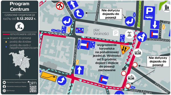 Południowa nitka jezdni placu Wolności w Poznaniu, którą poprowadzona jest trasa tramwajowa, zostanie gruntownie przebudowana w ramach Programu Centrum.