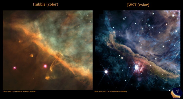Mgławica Oriona okiem JWST oraz Hubble'a, fot. NASA/STScI/Rice Univ./C.O’Dell et al.