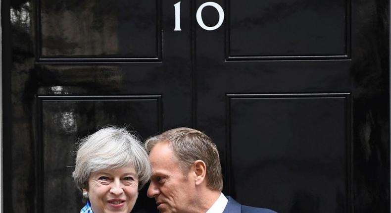 British Prime Minister Theresa May held talks with European Council President Donald Tusk in London, on April 6, 2017