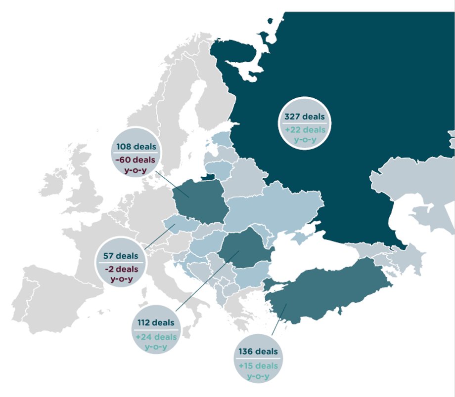 Mapa liczby transakcji w wybranych krajach z porównaniem do pierwszego półrocza 2021 r.