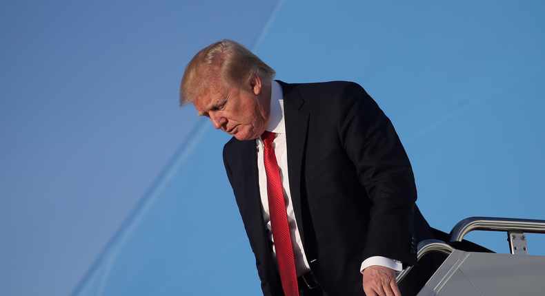 U.S. President Donald Trump arrives aboard Air Force One at Joint Base Andrews, Maryland, U.S, April 9, 2017.