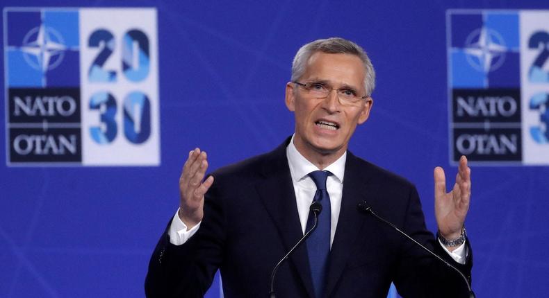 NATO Secretary General Jens Stoltenberg gives a press conference during a NATO summit in Brussels on June 14, 2021.