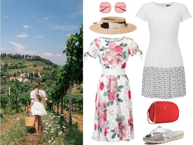 Modne STYLIZACJE na majówkę 2019: sukienka w kwiaty- Midori Feminine Fashion/midori.pl, sukienka biała w groszki- Trynite/trynite.pl, buty- Caprice/caprice.pl, torebka- Menbur/menbur.pl, dodatki- TK MAXX