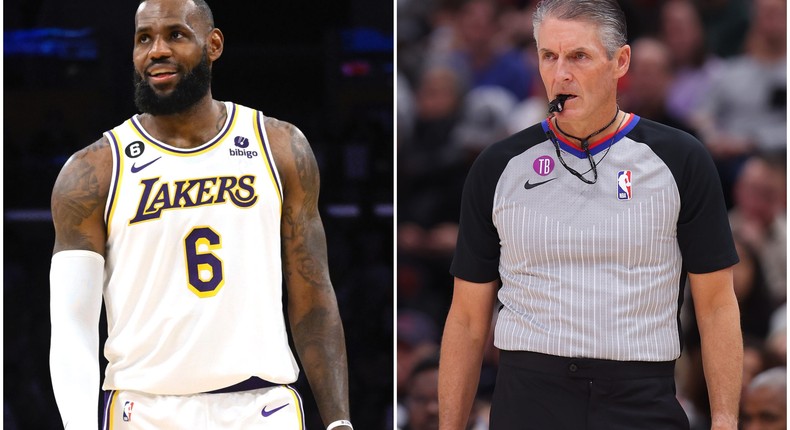 LeBron James had a run-in with referee Scott Foster during Game 2 of the 2023 NBA Western Conference finals on May 20, 2023, in Los Angeles, California.Keith Birmingham/MediaNews Group/Pasadena Star-News via Getty Images; Michael Reaves/Getty Images