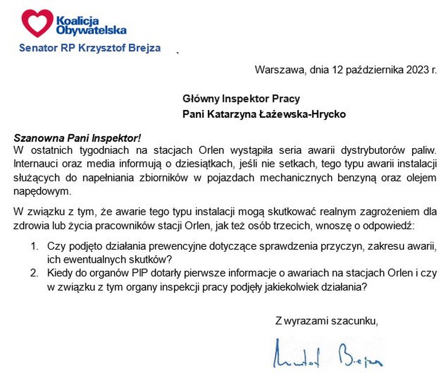 Pismo senatora Krzysztofa Brejzy do Głównego Inspektora Pracy