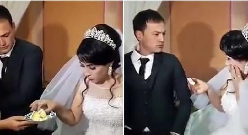 Violent groom gives his bride a heavy slap at their wedding in front of families and guests (video)