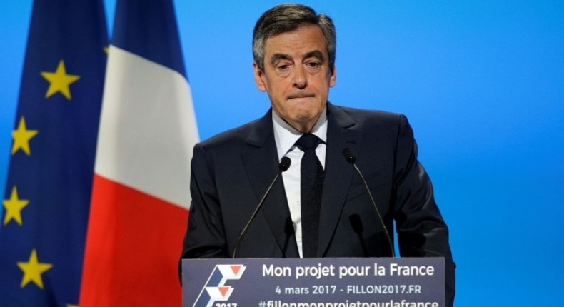 French Les Republicains presidential election candidate party Francois Fillon delivers a speech to present his programm during a campaign meeting in Aubervilliers, outside Paris, on March 4, 2017