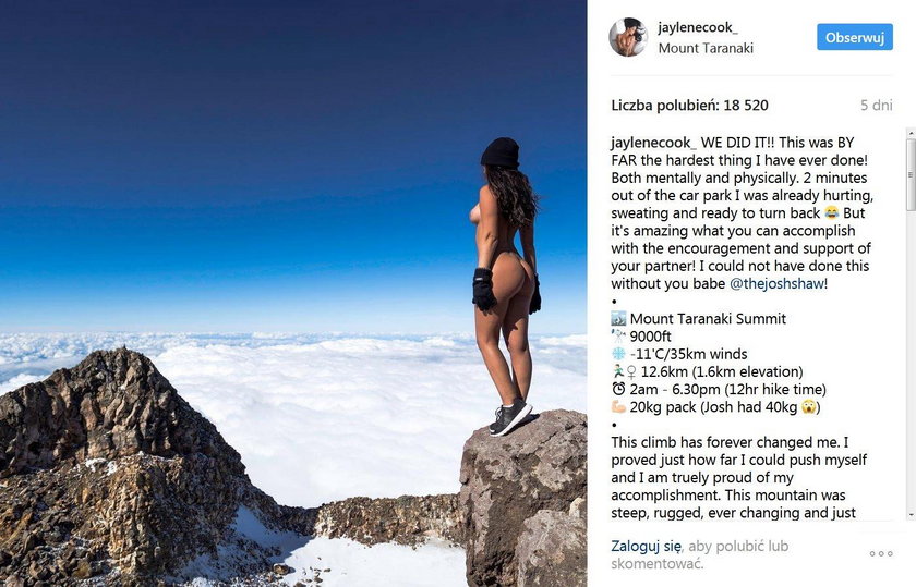 Jaylene Cook, nowozelandzka modelka zrobiła sobie nagie zdjęcie na górze Taranaki