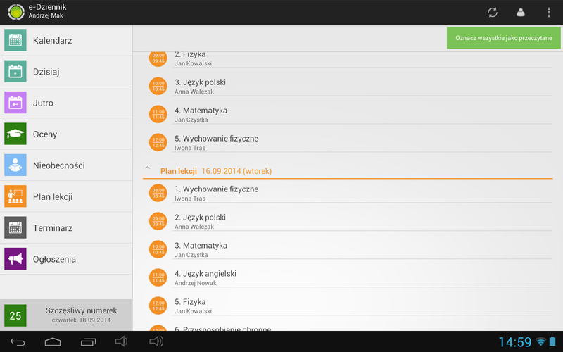 <strong>E-dziennik</strong><br /><br />

Oficjalna aplikacja mobilna e-Dziennik Librus dostępna na smartfony oraz tablety w swojej pierwszej wersji zawiera widoki prezentujące:<br /><br />

wszystkie najważniejsze dane dotyczące dnia bieżącego i kolejnego;<br /><br />

oceny z podziałem na przedmioty oraz z możliwością dostępu do szczegółowego opisu każdej z nich, a także średnie ocen;<br /><br />

odnotowane nieobecności Ucznia;<br /><br />

kalendarz klasowy zawierający m.in ważne wydarzenia z życia szkoły, sprawdziany, zastępstwa;<br /><br />