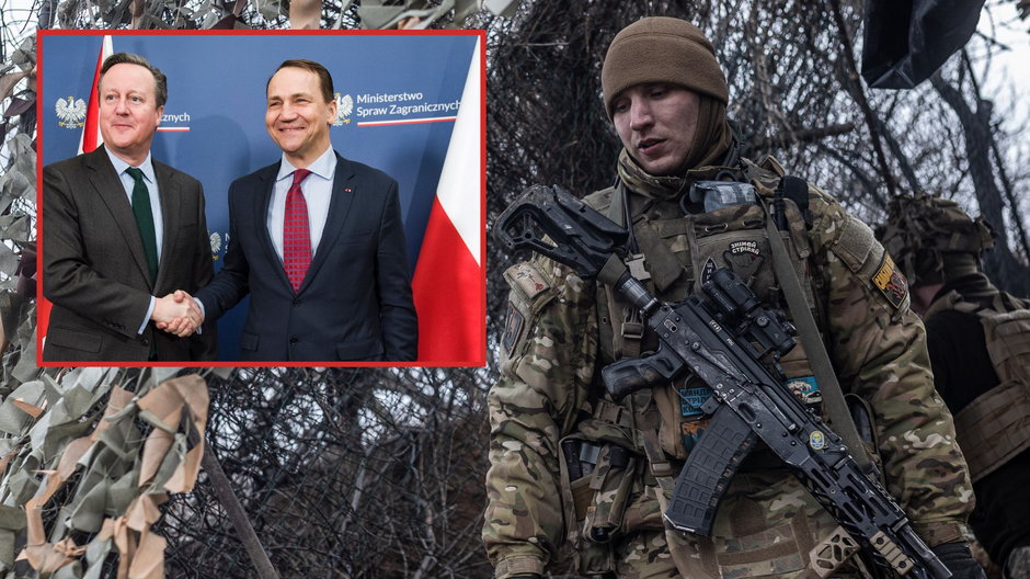 Ministrowie spraw zagranicznych Polski oraz Zjednoczonego Królestwa Radosław Sikorski i David Cameron oraz ukraiński żołnierz w obwodzie donieckim, 24 lutego 2023 r.