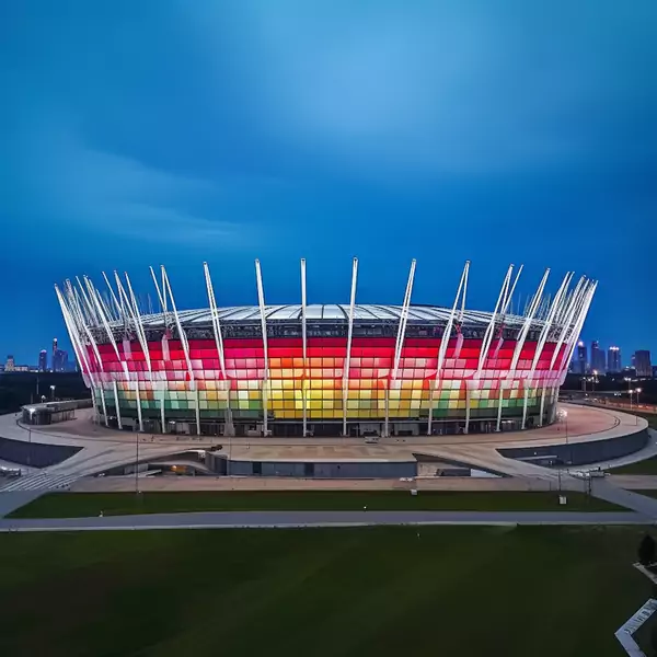Stadion Narodowy oświetlony na tęczowo z okazji Parady Równości wg sztucznej inteligencji Midjourney