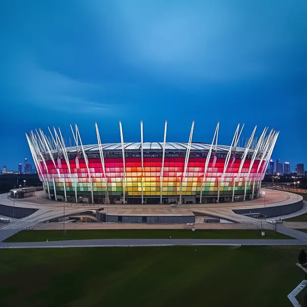 Stadion Narodowy oświetlony na tęczowo z okazji Parady Równości wg sztucznej inteligencji Midjourney