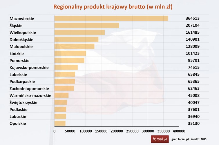 Pod względem wartości Mazowsze jest zdecydowanym liderem. Mazowsze wypracowało PKB na poziomie 364,5 mld zł.  Na drugim miejscu  znalazło się woj. Śląskie z wynikiem 207,1 mln zł. Najszybciej rozwijający się region wielkopolski znalazł się na trzecim miejscu z PKB o wartości  161,5 mld zł. Ranking zamyka Opolskie z wynikiem o 90 proc. mniejszym od liderującego Mazowsza.