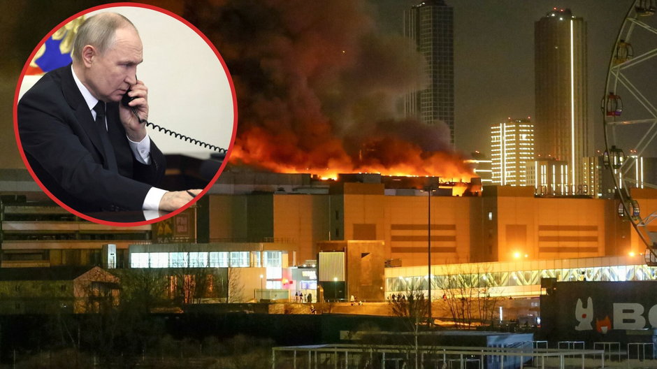 Władimir Putin oraz płonący budynek sali koncertowej Crocus City Hall