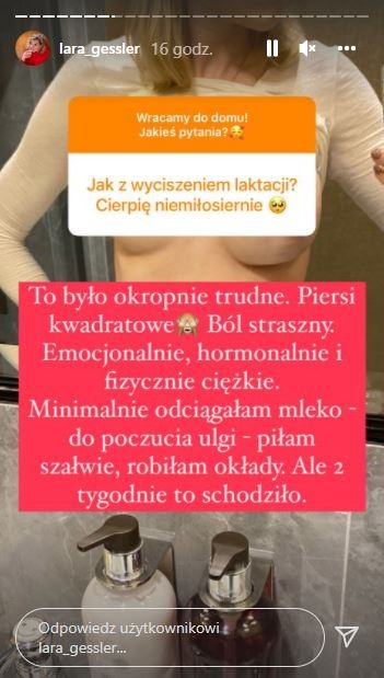 Lara Gessler pokazała piersi podczas wyciszania laktacji