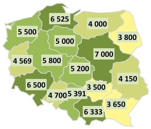 Wynagrodzenia w branży IT w poszczególnych województwach w 2014 roku (w PLN brutto)