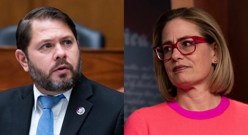 Democratic Rep. Ruben Gallego and Independent Sen. Kyrsten Sinema, both of Arizona.Tom Williams/CQ-Roll Call via Getty Images and Elizabeth Frantz/Washington Post via Getty Images