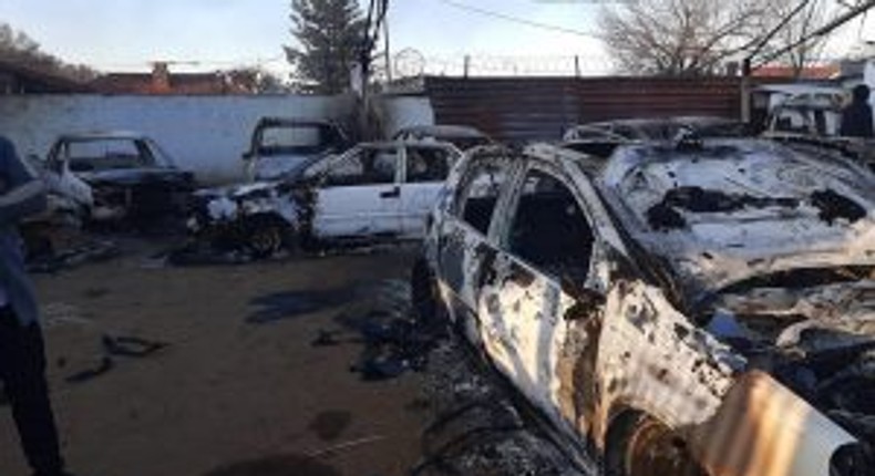 Car marts belonging to Nigerians that burnt during the protest following the jailing of former South African President, Jacob Zuma. [NAN]