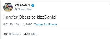 Zlatan says he prefers Oberz to Kizz Daniel. (Twitter/Zlatan_Ibile)