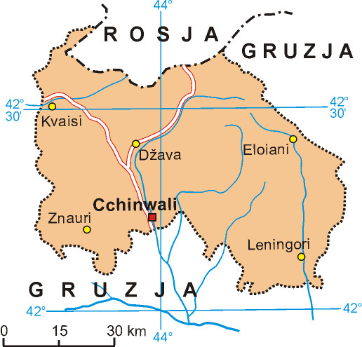 Osetia Południowa. Mapa według stanu sprzed wojny.