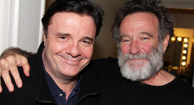 Nathan Lane and Robin Williams pose backstage at the play Bengal Tiger at the Baghdad Zoo at the the Richard Rodgers Theatre, New York City, on April 2, 2011.Bruce Glikas/Getty Images