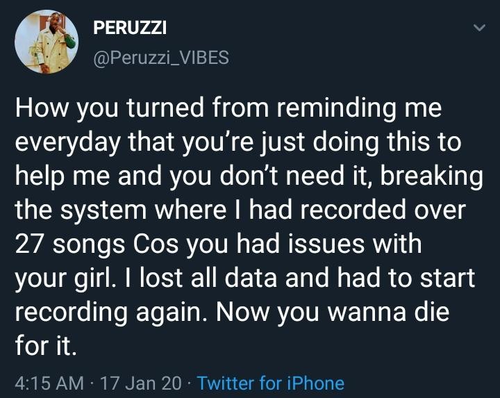 Peruzzi responds to former label boss on claims that he breached his contract. (Twitter/Peruzzi_Vibes)