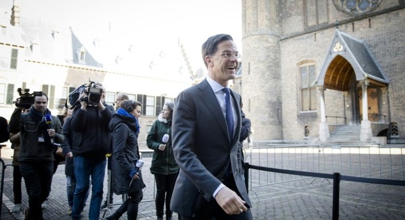 Dutch Prime Minister Mark Rutte arrives at the Binnenhof buildings in The Hague on March 21, 2017