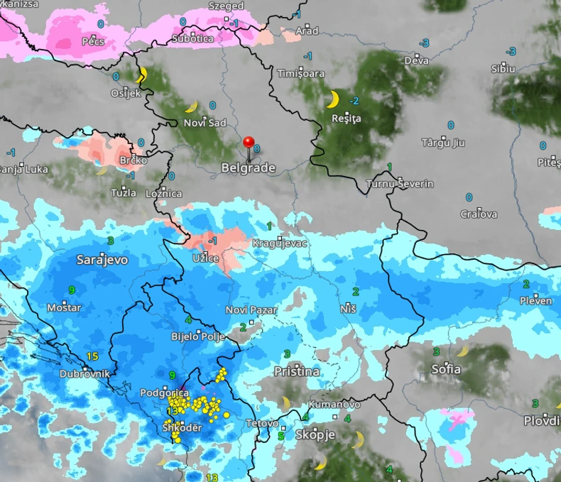 Kretanje padavina danas u Srbiji u 23 časa