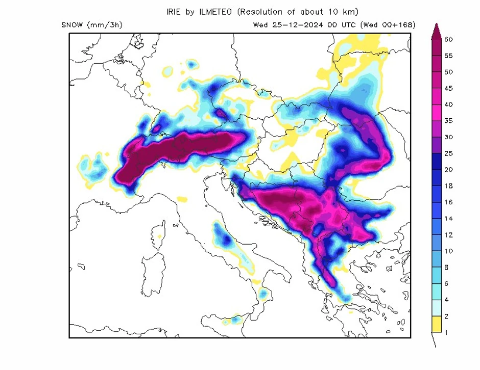 Mapa snega u sredu, 25. decembra
